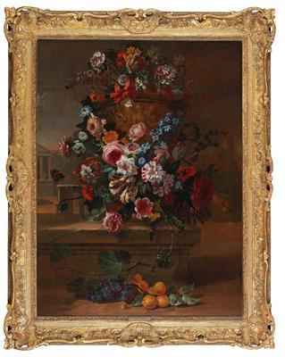 A still life of roses, carnations and tulips with butterflies set in the gardens of a palace by 
																			Egidius Nuemans